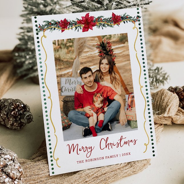Tarjeta Festiva Poinsettia Greenery Gold Merry Christmas 1 Photo (Subido por el creador)
