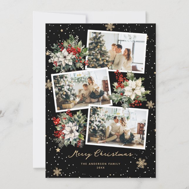 Tarjeta Festiva Poinsettia Holly Black Photo Merry Christmas Card (Anverso)