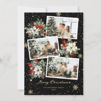 Tarjeta Festiva Poinsettia Holly Black Photo Merry Christmas Card