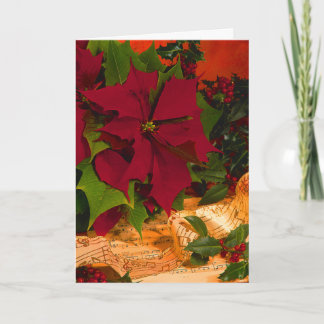 Tarjeta Festiva Poinsettia, Holly y Ribbon