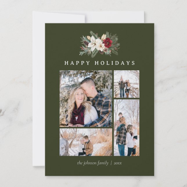 Tarjeta Festiva Poinsettia & Lily 5 Photo Collage Rustic Christmas (Anverso)