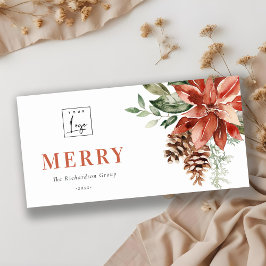 Tarjeta Festiva Poinsettia Pine Merry Christmas Logo