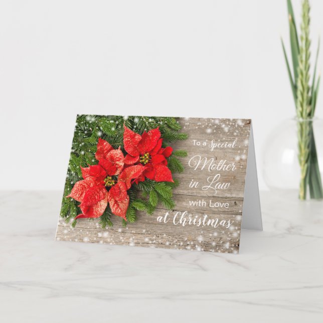 Tarjeta Festiva Poinsettia, pino sobre Navidades madereros (Anverso)