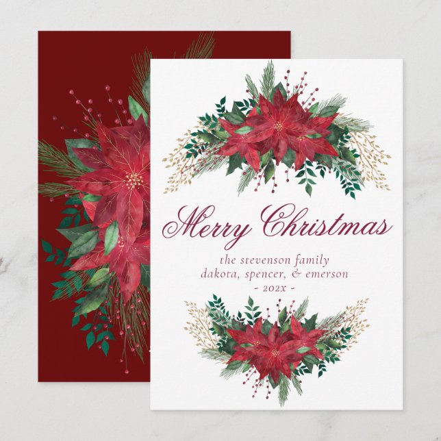 Tarjeta Festiva Poinsettia Red y Green Winter Floral Garland (Anverso / Reverso)