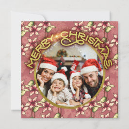 Tarjeta Festiva Poinsettia roja y copos de nieve Gold Merry Christ