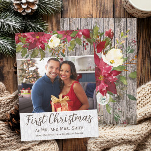 Tarjeta Festiva Poinsettia Rustic Wood Foto Primer Navidades Sr. M