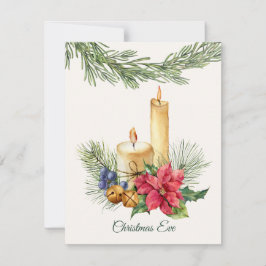 Tarjeta Festiva Poinsettia, velas, pinos, campanas Navidades Eva