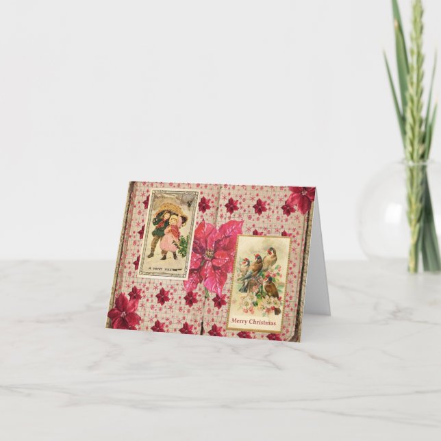 Tarjeta Festiva Poinsettia vintage con aves y niños (Anverso)