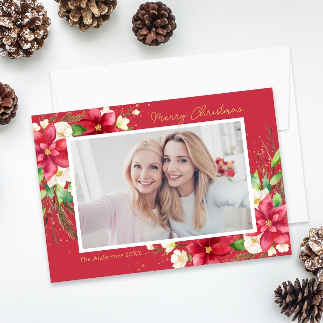 Tarjeta Festiva Poinsettia Watercolor Floral Red Photo (Subido por el creador)