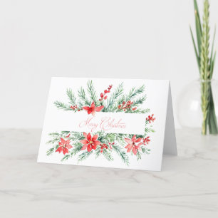 Tarjeta Festiva Poinsettia y follaje en acuarela