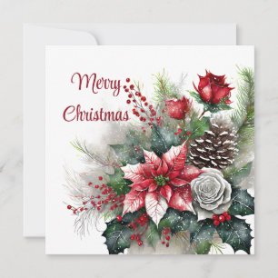 Tarjeta Festiva Poinsettia y spray de rosa