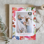 Tarjeta Festiva Poinsettias acuarelas | Foto de feriado floral<br><div class="desc">Envíe vítores de vacaciones a sus seres queridos con esta fantástica tarjeta de vacaciones. Esta tarjeta fotográfica presenta poinsettias acuarelas,  hoyos y otras flores y follaje de vacaciones.</div>