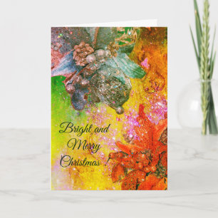 TARJETA FESTIVA POINSETTIAS AZUL ROJO,ESTRELLAS XMAS EN DERRAMES D