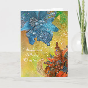 TARJETA FESTIVA POINSETTIAS AZUL ROJO,ESTRELLAS XMAS EN DERRAMES D