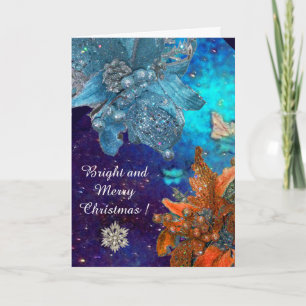 TARJETA FESTIVA POINSETTIAS AZULES ROJAS, ESTRELLAS DE DIAMANTES, 