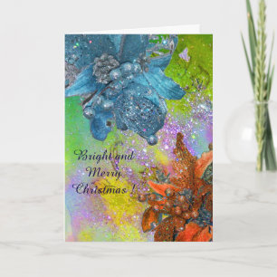TARJETA FESTIVA POINSETTIAS AZULES ROJAS,ESTRELLAS DE NAVIDADES,DI