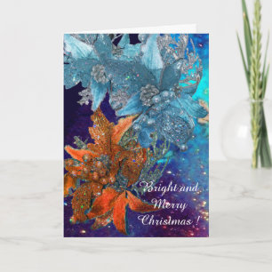 TARJETA FESTIVA POINSETTIAS AZULES ROJAS,ESTRELLAS XMAS EN DERRAME