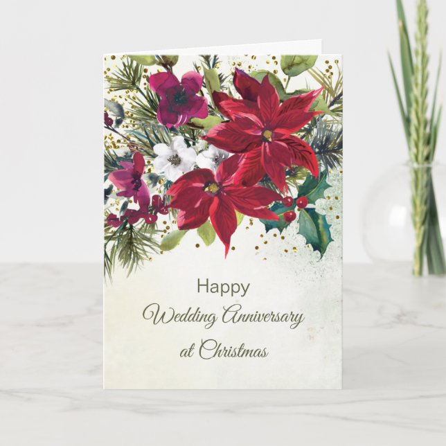 Tarjeta Festiva Poinsettias, Boda aniversario de Navidades (Anverso)