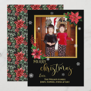 Tarjeta Festiva Poinsettias en negro con Relieve metalizado dorado
