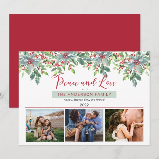 Tarjeta Festiva Poinsettias Holly Greenerenera Paz y Amor 3 Foto (Anverso / Reverso)
