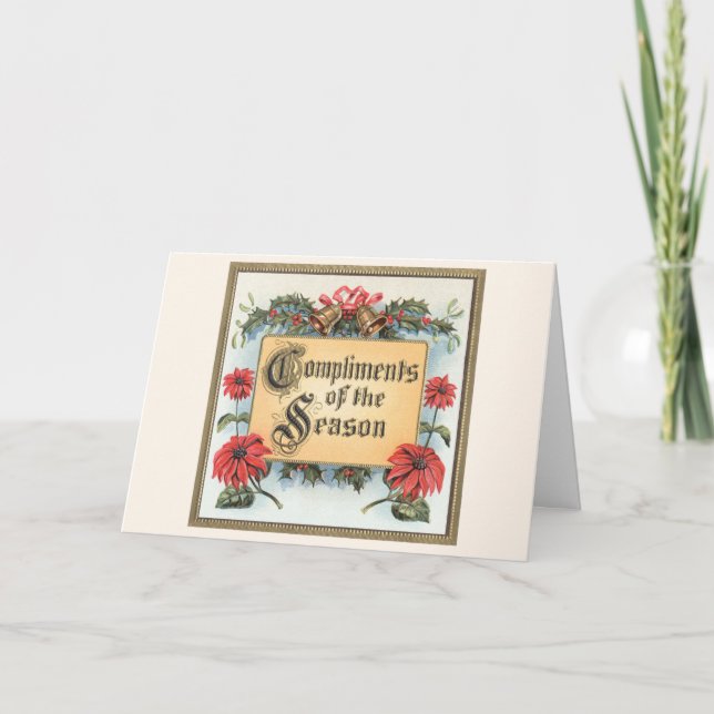 Tarjeta Festiva Poinsettias navideñas antiguas en un marco ordenad (Anverso)