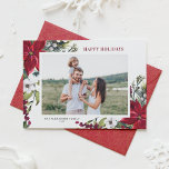 Tarjeta Festiva Poinsettias rojas acuarelas y foto de hojas de flo<br><div class="desc">¡Felices Fiestas! Envíe saludos y deseos de vacaciones a la familia y amigos con esta tarjeta de fotos de color acuático de personalizable. Cuenta con pinares acuáticos, agujas de pino, enrejados, bayas y poinsettias rojas. Personalice agregando nombres, mensajes, fotos y otros detalles. Esta tarjeta de vacaciones floral está disponible en...</div>