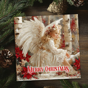 Tarjeta Festiva Poinsettias rojas ángel hermoso Vintage festivo