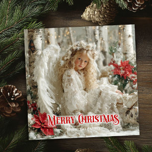 Tarjeta Festiva Poinsettias rojas ángel victoriano de moda elegant
