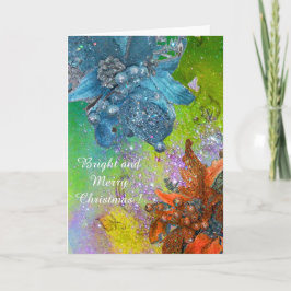 TARJETA FESTIVA POINSETTIAS ROJAS AZULES,ESTRELLAS XMAS EN DERRAME