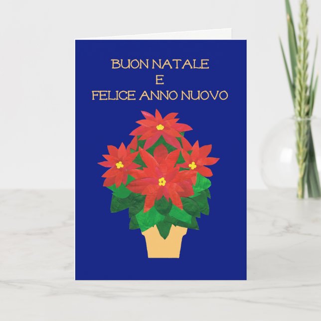 Tarjeta Festiva Poinsettias rojos en el saludo de lengua italiana (Anverso)