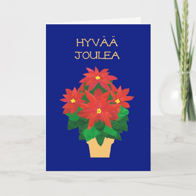 Tarjeta Festiva Poinsettias rojos en el saludo finlandés azul de (Anverso)