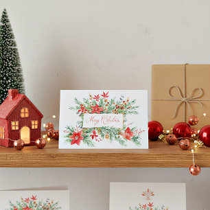 Tarjeta Festiva Poinsettias y vegetación en acuarela 