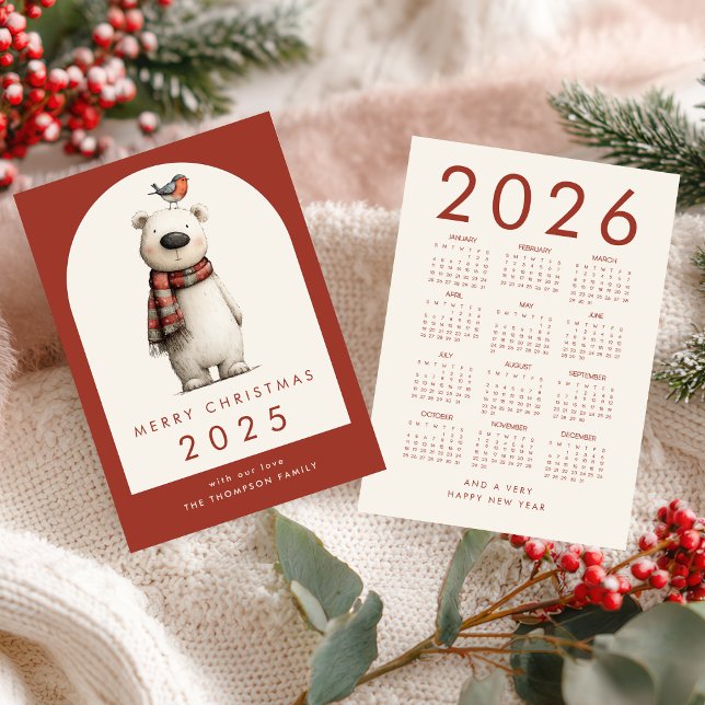 Tarjeta Festiva Polar Bear 2026 Calendar Merry Christmas (front and back view)