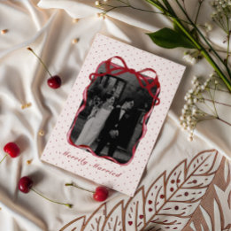 Tarjeta Festiva Polka Dot Bow Photo Merrily Married Couple Wedding