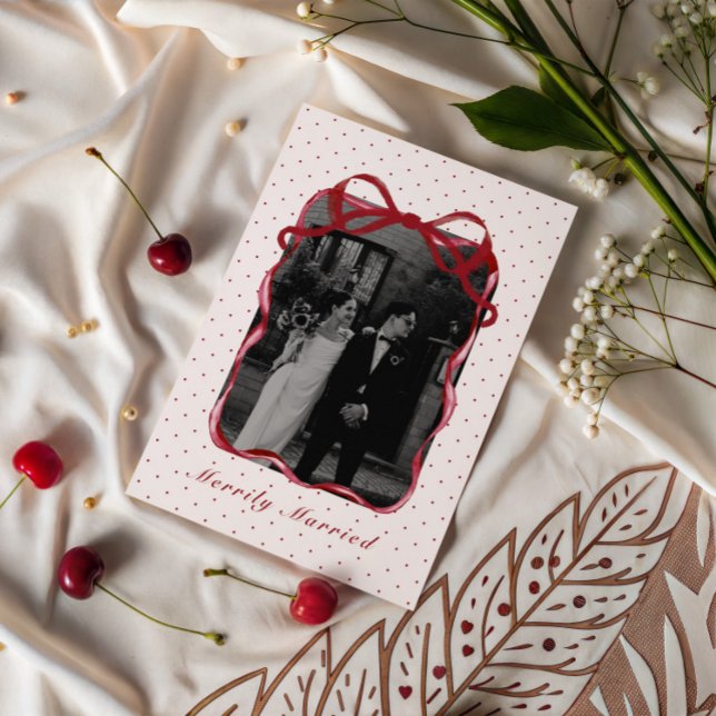 Tarjeta Festiva Polka Dot Bow Photo Merrily Married Couple Wedding (Subido por el creador)