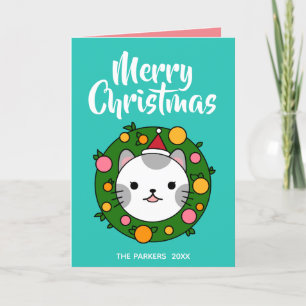 Tarjeta Festiva Polka Dot Cat Wreath Turquoise   Foto de Navidades