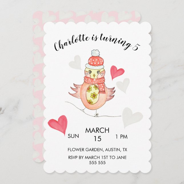 Tarjeta Festiva Pollito Adorable Enamorado, Corazones Acuarela (Anverso / Reverso)