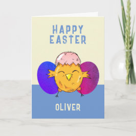 Tarjeta Festiva Pollito de Pascua lindo y huevos Feliz Pascua