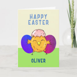 Tarjeta Festiva Pollito de Pascua lindo y huevos Feliz Pascua