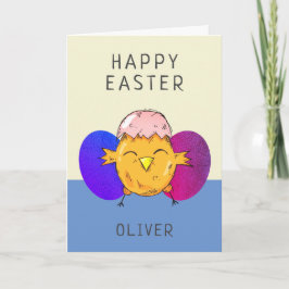 Tarjeta Festiva Pollito de Pascua lindo y huevos Feliz Pascua