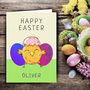 Tarjeta Festiva Pollito de Pascua lindo y huevos Feliz Pascua