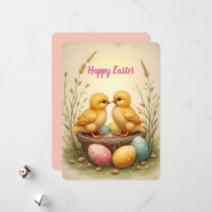 Tarjeta Festiva Pollitos lindos y huevos de Pascua coloridos, nost