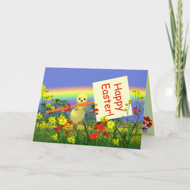 Tarjeta Festiva Pollo con feliz Rótulo de Pascua (Anverso)