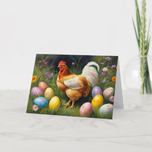 Tarjeta Festiva Pollo de Pascua en el Jardín de Flores y Huevos de