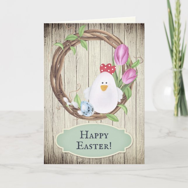 Tarjeta Festiva Pollo, huevos, guirnaldas y tulipanes felices pasc (Anverso)