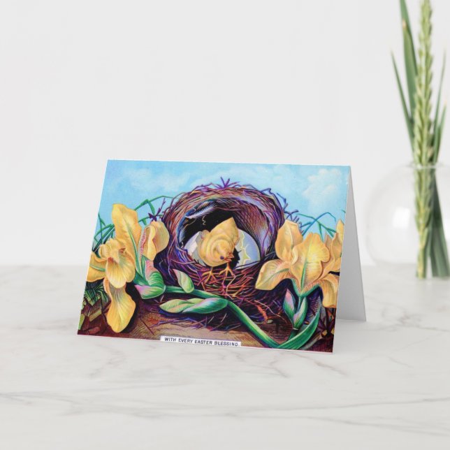 Tarjeta Festiva Pollo vintage de Pascua en nido (Anverso)