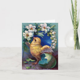 Tarjeta Festiva Pollo vintage, huevo de Pascua y lirios