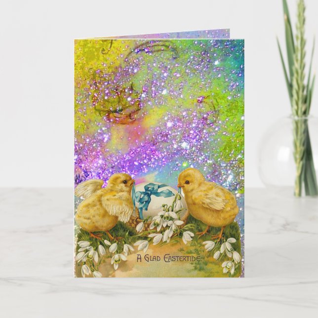 TARJETA FESTIVA POLLOS, FLORES DE HUEVO ORIENTAL EN DERRAME DE PÚR (Anverso)