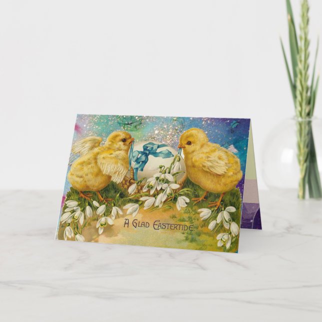 TARJETA FESTIVA POLLOS, FLORES, HUEVO ORIENTAL EN DERRAMES AZULES  (Anverso)
