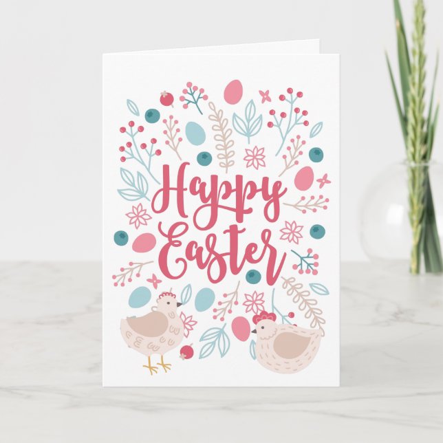 Tarjeta Festiva Pollos y flores felices de Pascua (Anverso)